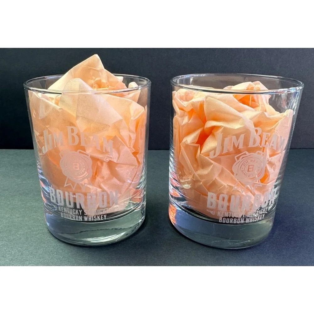 Set of 2 Vtg Jim Beam Bourbon Whiskey Logo Bar Glasses Tumblers Low Ball Rocks
